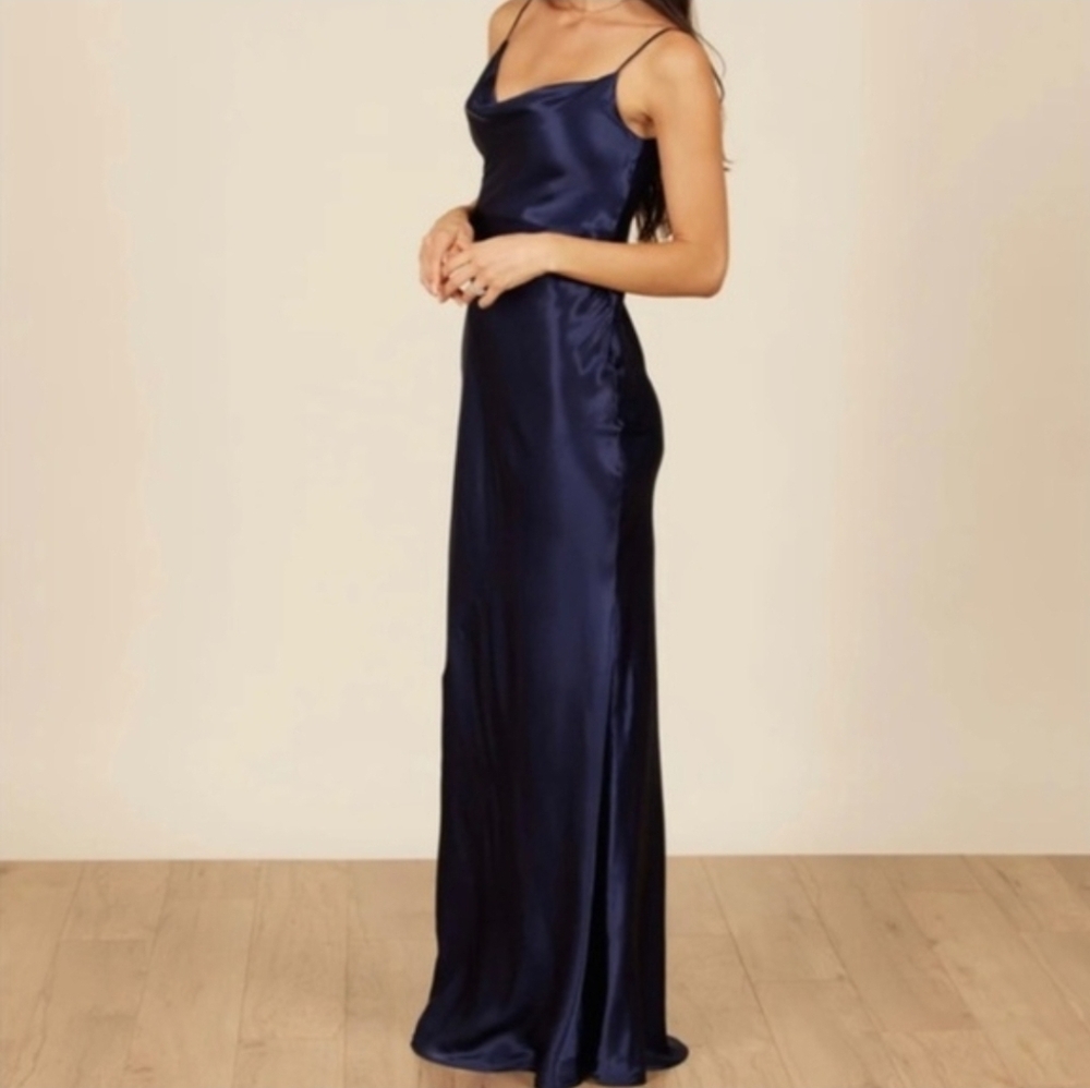 Park & Fifth Viscose Satin Navy Blue Spaghetti Strap Belmont Bridesmaid Dress